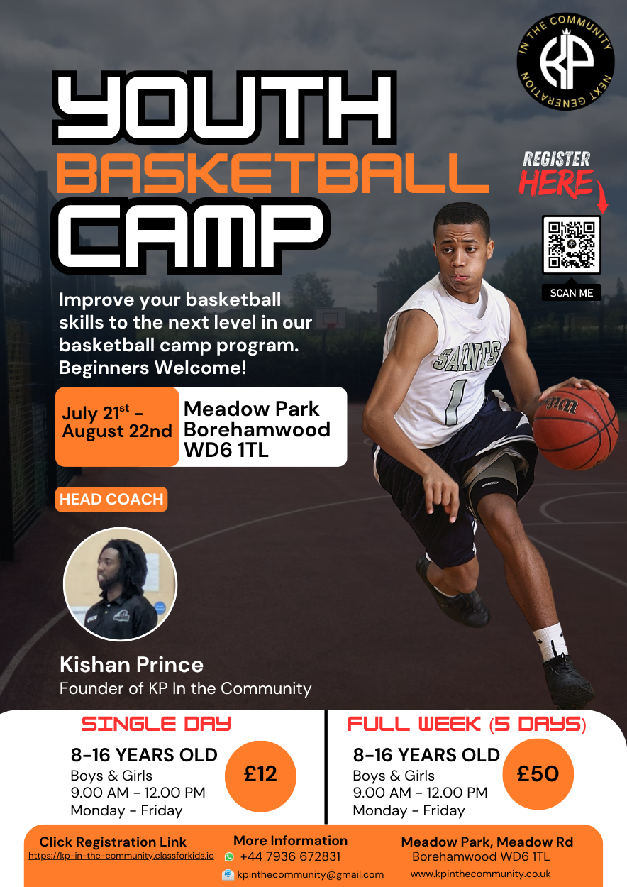 Youth basketball camp promotion with details on age groups, fees, and a registration QR code.